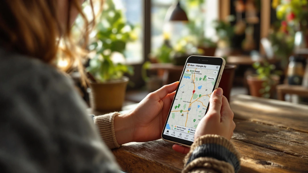 Voyageuse utilisant une application de voyage durable dans un café rustique, carte affichée à l’écran, ambiance chaleureuse, bois brut et lumière naturelle — illustration du tourisme lent connecté.