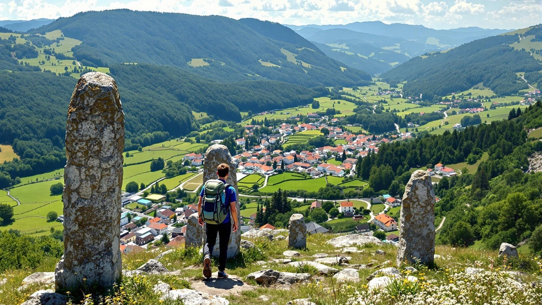 Village typique du Pays basque avec maisons blanches aux toits rouges et église en pierre, entouré de montagnes verdoyantes dans les Pyrénées.
