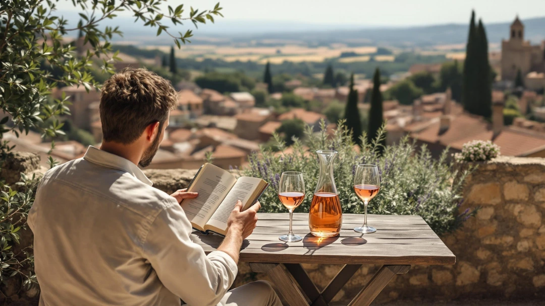 Homme lisant en terrasse face à un village provençal, savourant un moment de calme avec un verre de rosé — éloge du temps pour soi.